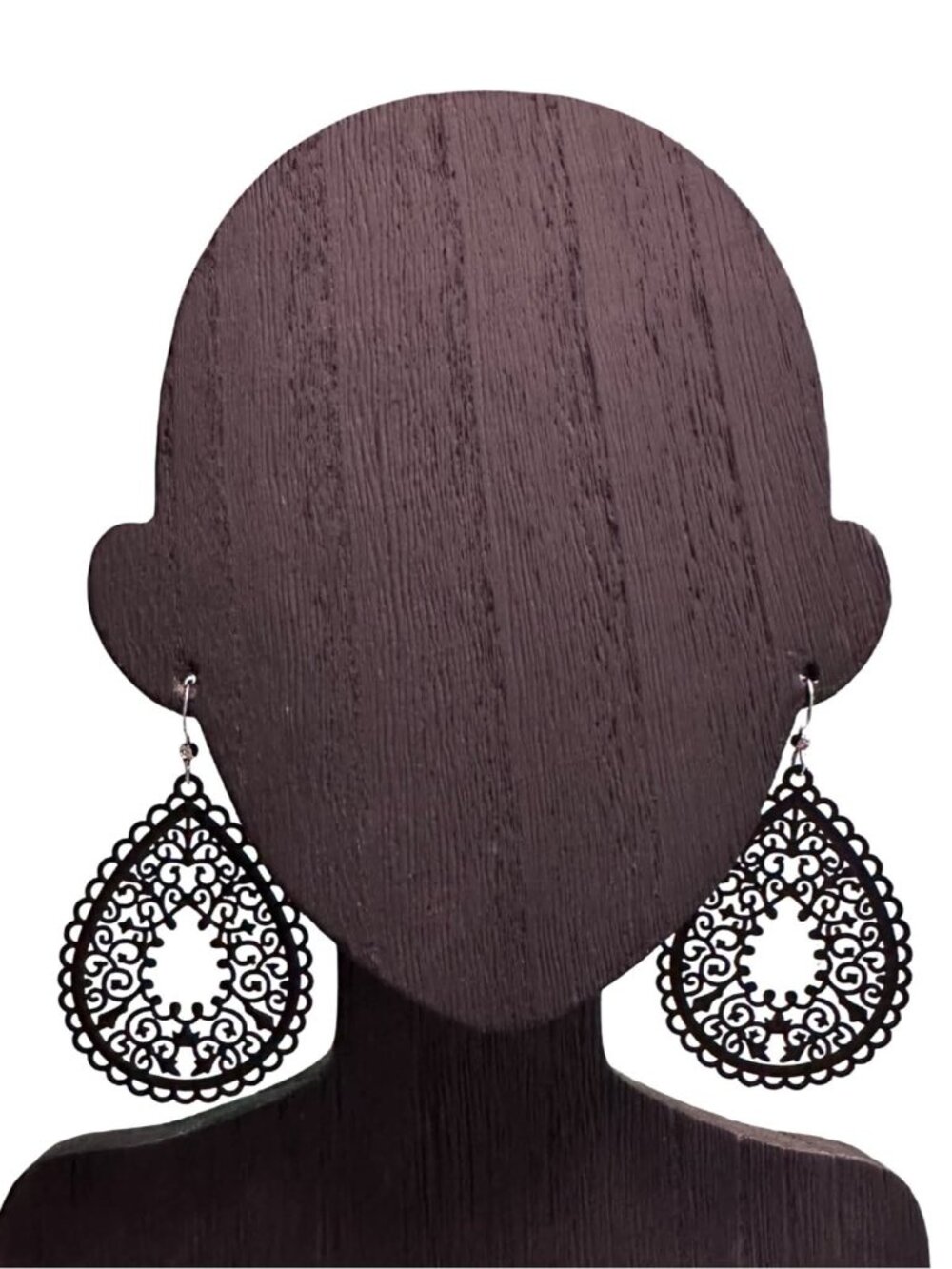 Chic Black Filigree Teardrop Earrings Lightweight Metal Laser Cut Womens Jewelry